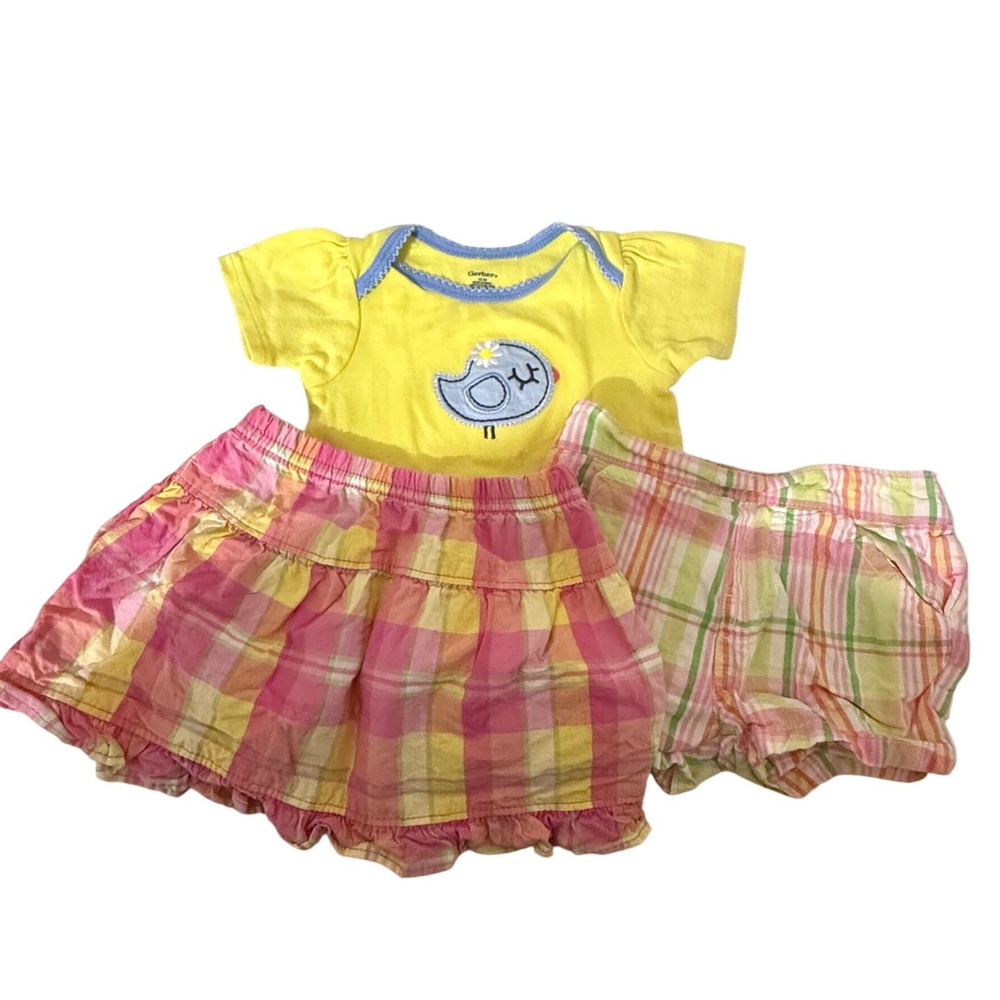 Gerber Garanimals 3pc Outfit‎ Baby Girl 12M Yellow Bird Top Plaid Skirt Shorts